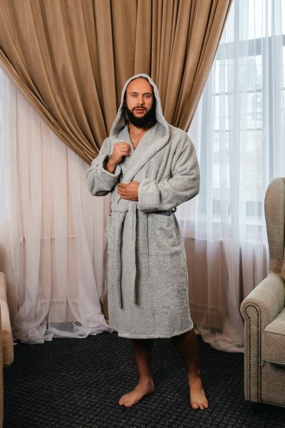 Халат махровый с капюшоном, серый