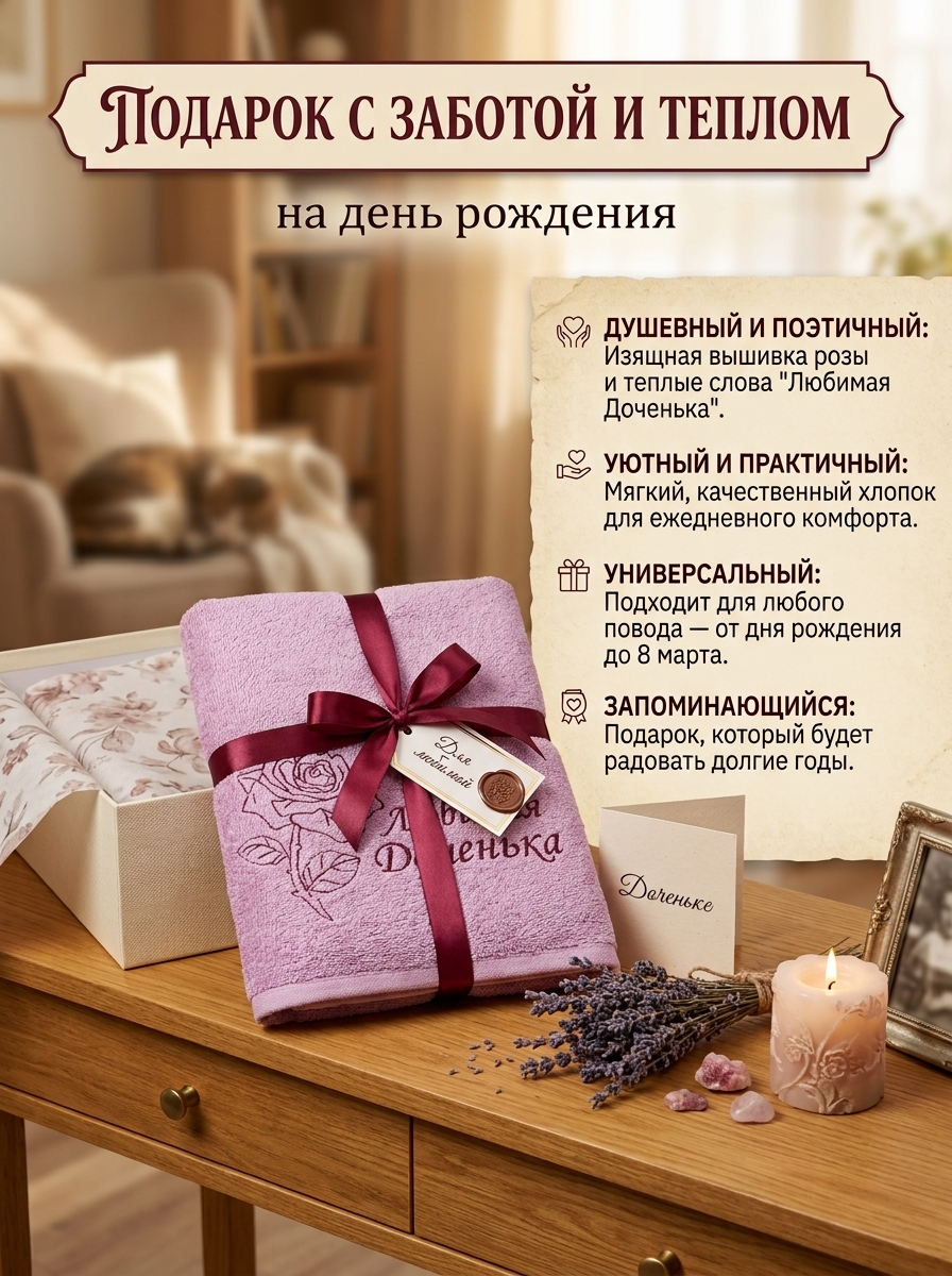 снимок Полотенце с вышивкой 70*140 "Любимая доченька" сиреневое от магазина BIO-TEXTILES ОПТ