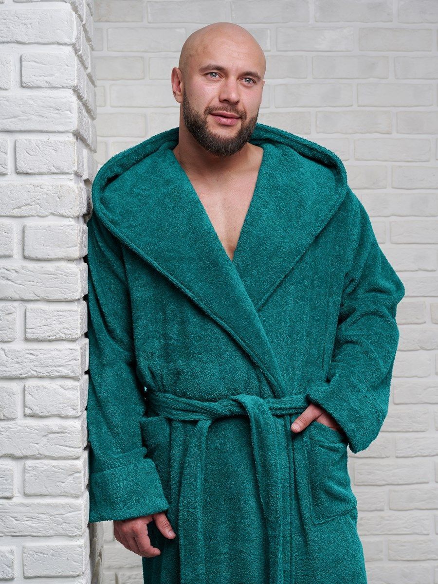 снимок Халат мужской махровый PandaHug с капюшоном, изумруд от магазина BIO-TEXTILES ОПТ