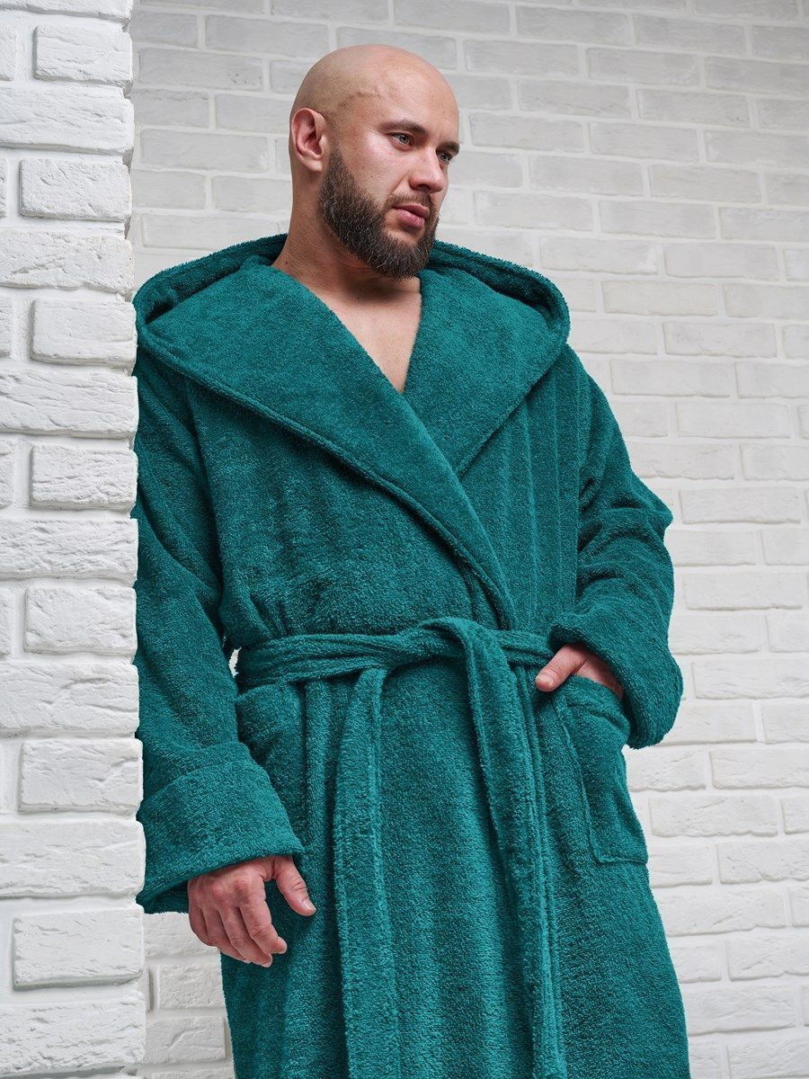 снимок Халат мужской махровый PandaHug с капюшоном, изумруд от магазина BIO-TEXTILES ОПТ